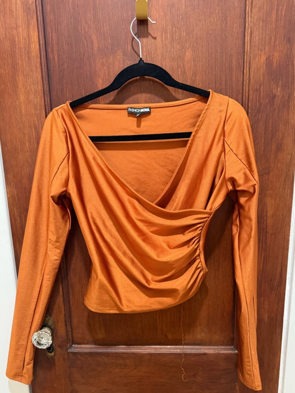 Fashion Nova Burnt Orange Draped Ruched Long Sleeve Top & Pants Set